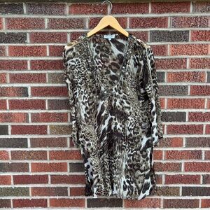 Rhona Sutton Brown and Cream Sequin Beaded Tassel Cheetah Print Chiffon Cover Up